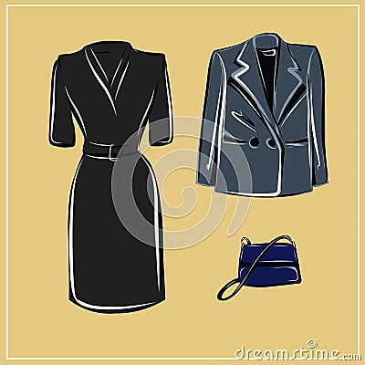 Clothes and bags. Coats and dresses, skirts and blouses, trousers and jeans, backpack and briefcase, handbags. Fashion. The basic Vector Illustration